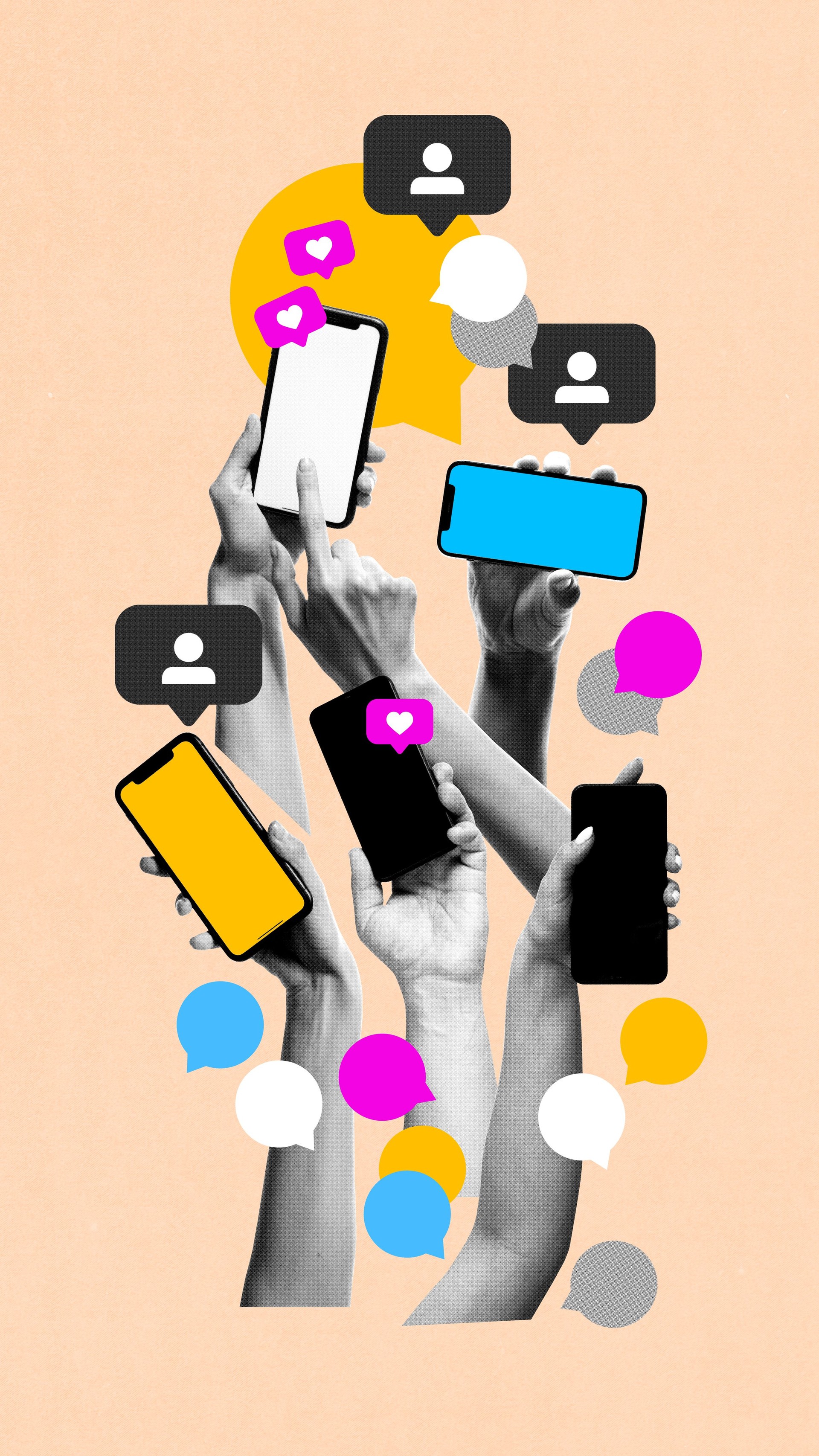 Many human hands with mobile phones and social media icons, likes and followers. Media addiction. Contemporary art collage.