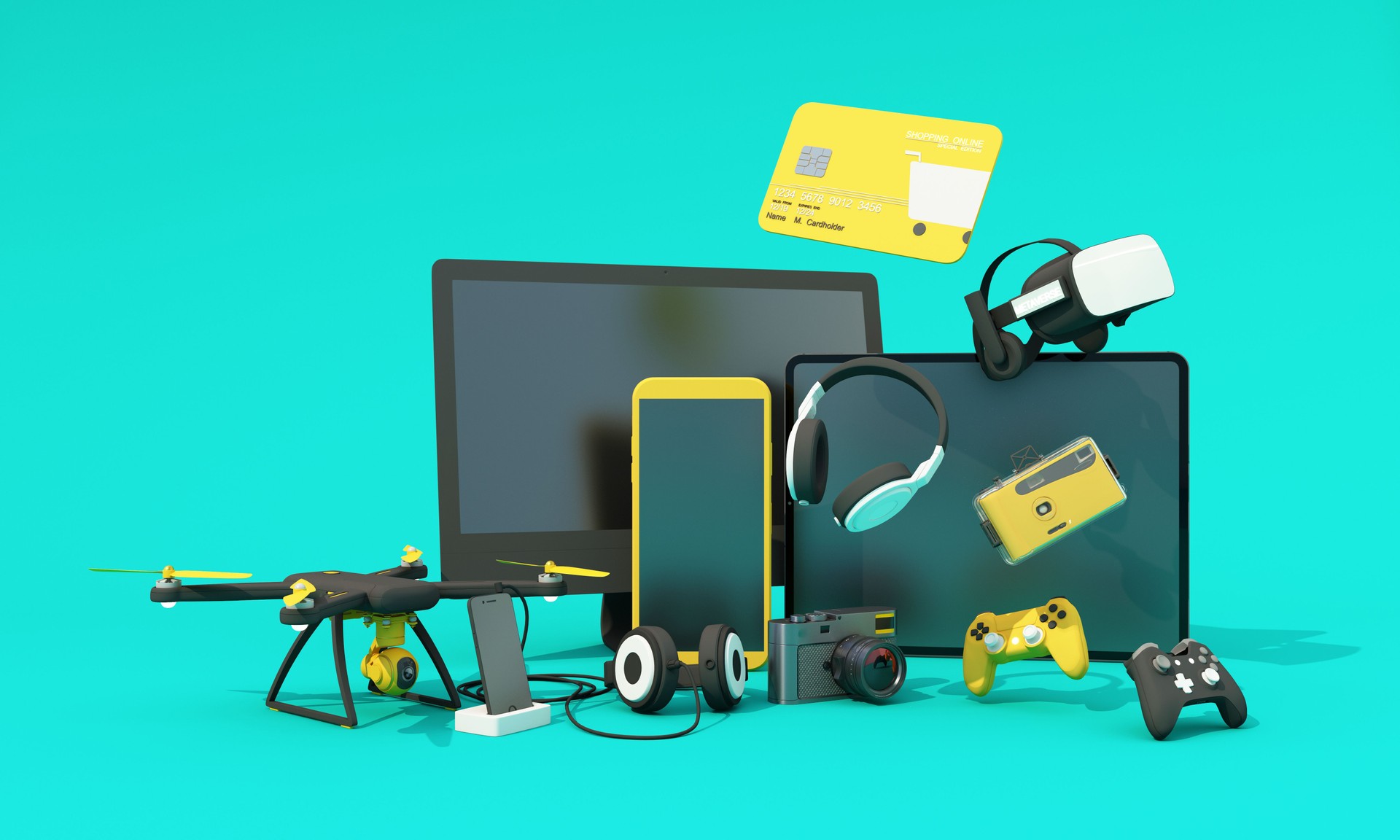 online shopping concept about electronics and gadgets in modern promotion period of new models consist of phone, vr, headphone, with drone and credit card on green background. realistic 3d rendering